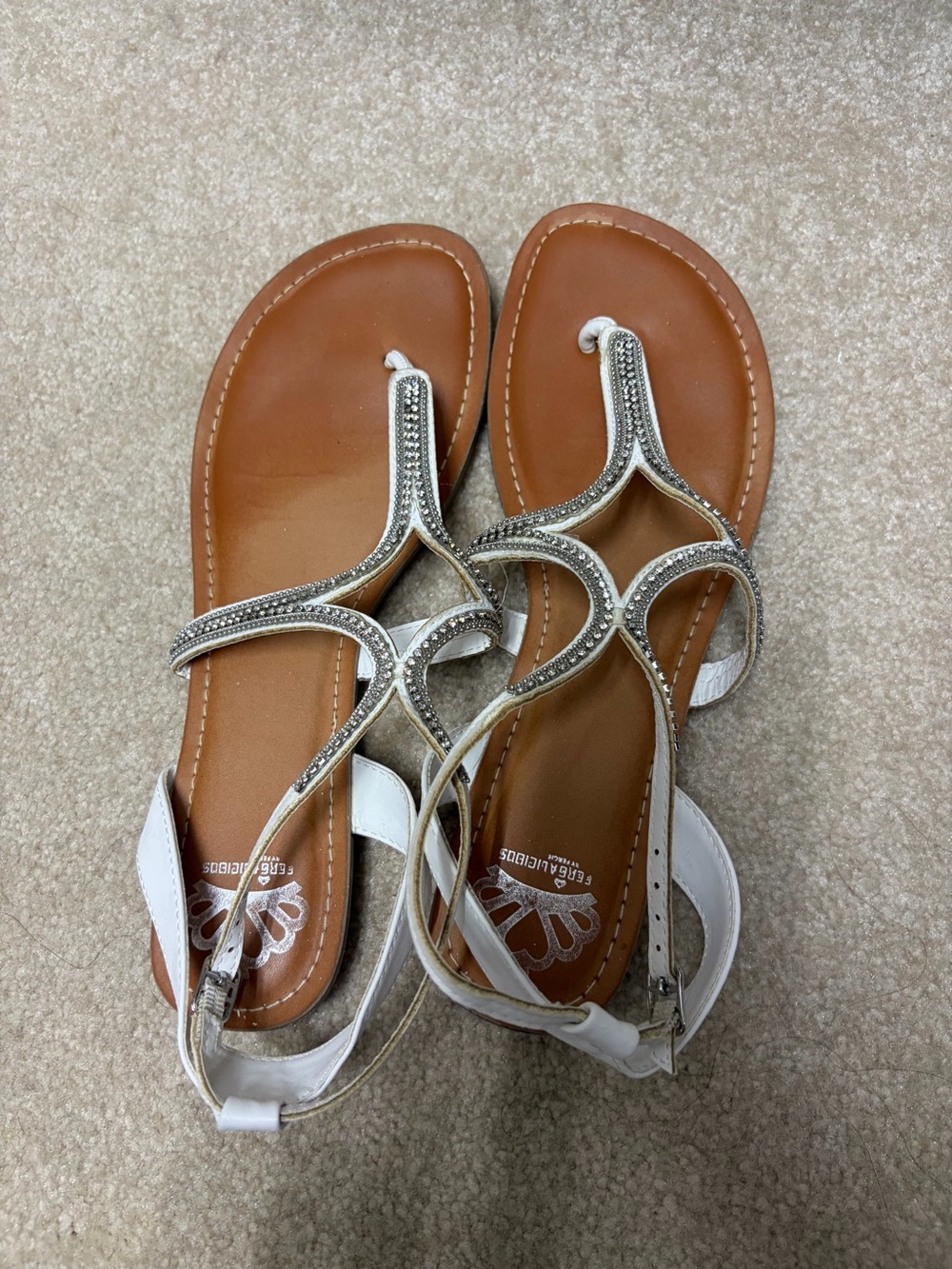 White and Silver Embellished T-Strap Sandals for Women